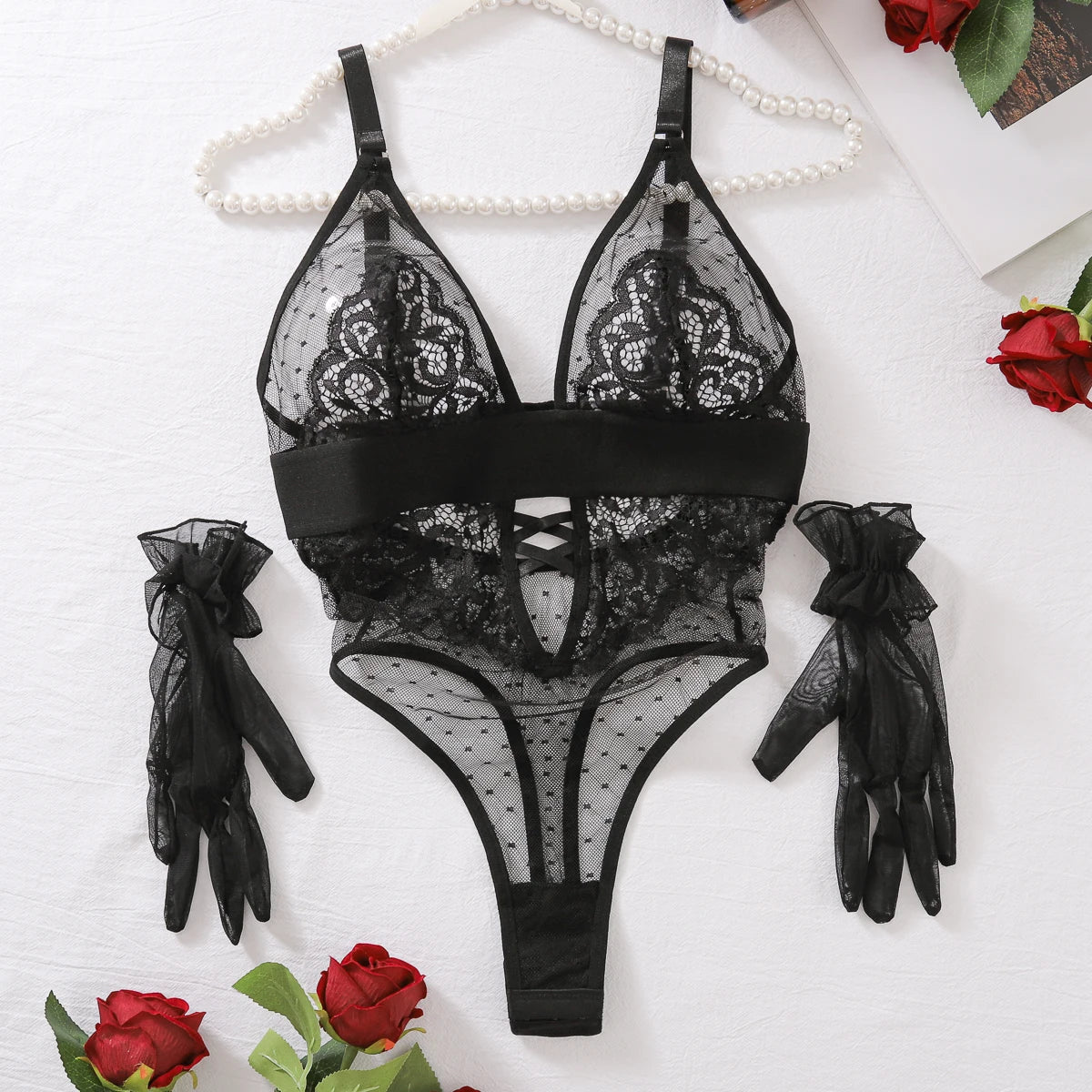 AVELINE 2024 Spring Erotic New Polka Dot Mesh Splicing See-Through Sexy Lingerie Jumpsuit Onlyfans