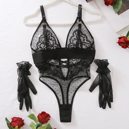 AVELINE 2024 Spring Erotic New Polka Dot Mesh Splicing See-Through Sexy Lingerie Jumpsuit Onlyfans