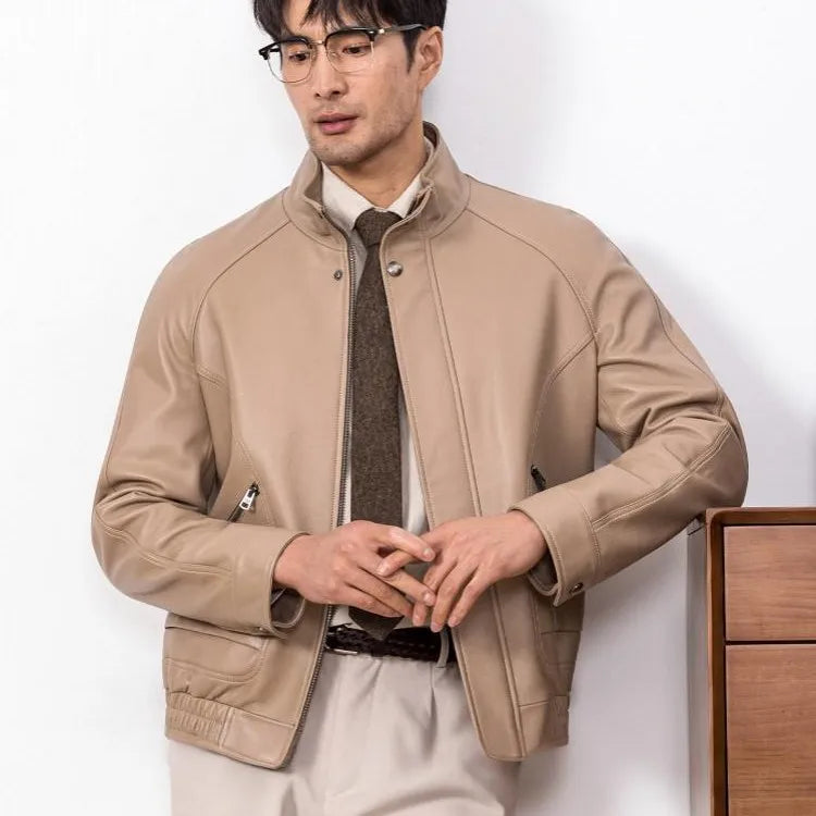 New Designer Men Natural Real Sheepskin Jacket Stand Collar Business Work Soft Genuine Leather Jacket Zip Casual Punk Style Coat