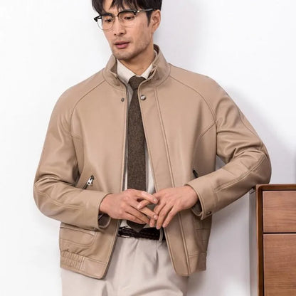 New Designer Men Natural Real Sheepskin Jacket Stand Collar Business Work Soft Genuine Leather Jacket Zip Casual Punk Style Coat