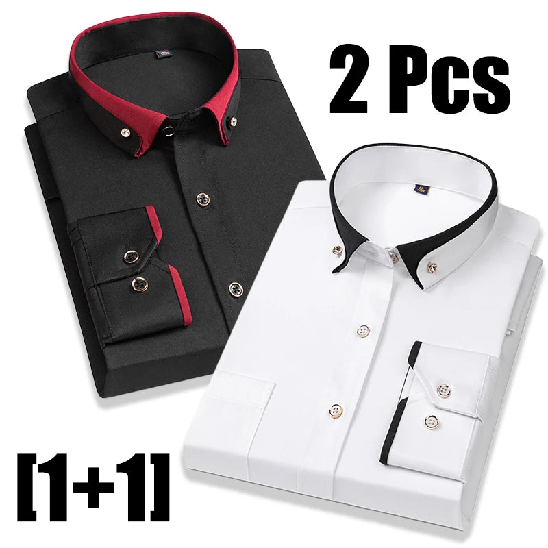 Fashion Color Contrast Men's Elastic Non-iron Long-sleeved Business Shirts Diamond Button Single Pocket Comfort Workwear Clothes