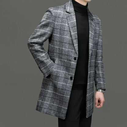Men's Tweed Coat Spring Autumn Plaid Woolen Windbreaker Youth Mid-Length Casual Handsome High-End Jacket Male Model