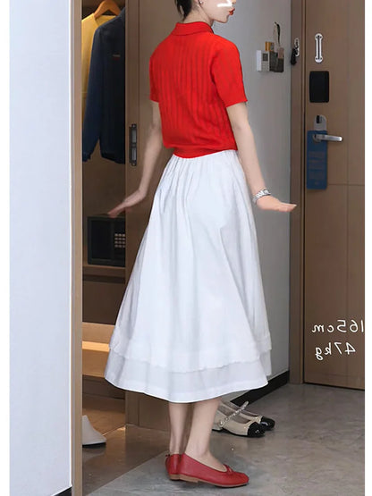 Red  Neck Knitted T-Shirt Women's Summer Style Short Sleeve White Color Loose Fit Casual Wear Polyester Blend Creative Pa...