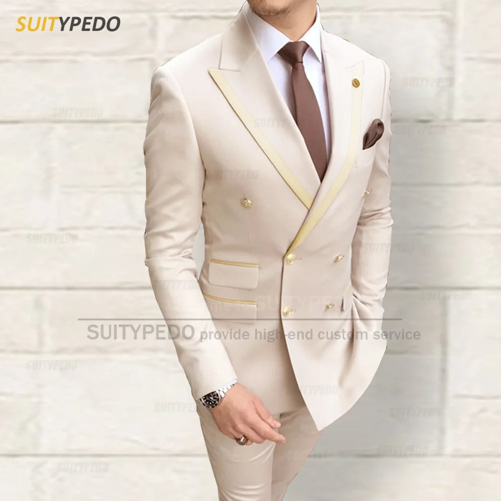 Fashion Men Red Suit Sets Wedding Party Custom Groomsman Elegant Outfits Birthday Banquet Male Stylish Blazer Pants 2 Pieces