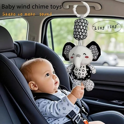 Portable Plush Baby Toy with Wind Chime and Rattle, Black White Design for Stroller Crib Hanging Decor, Safe Cute Newborn Gift