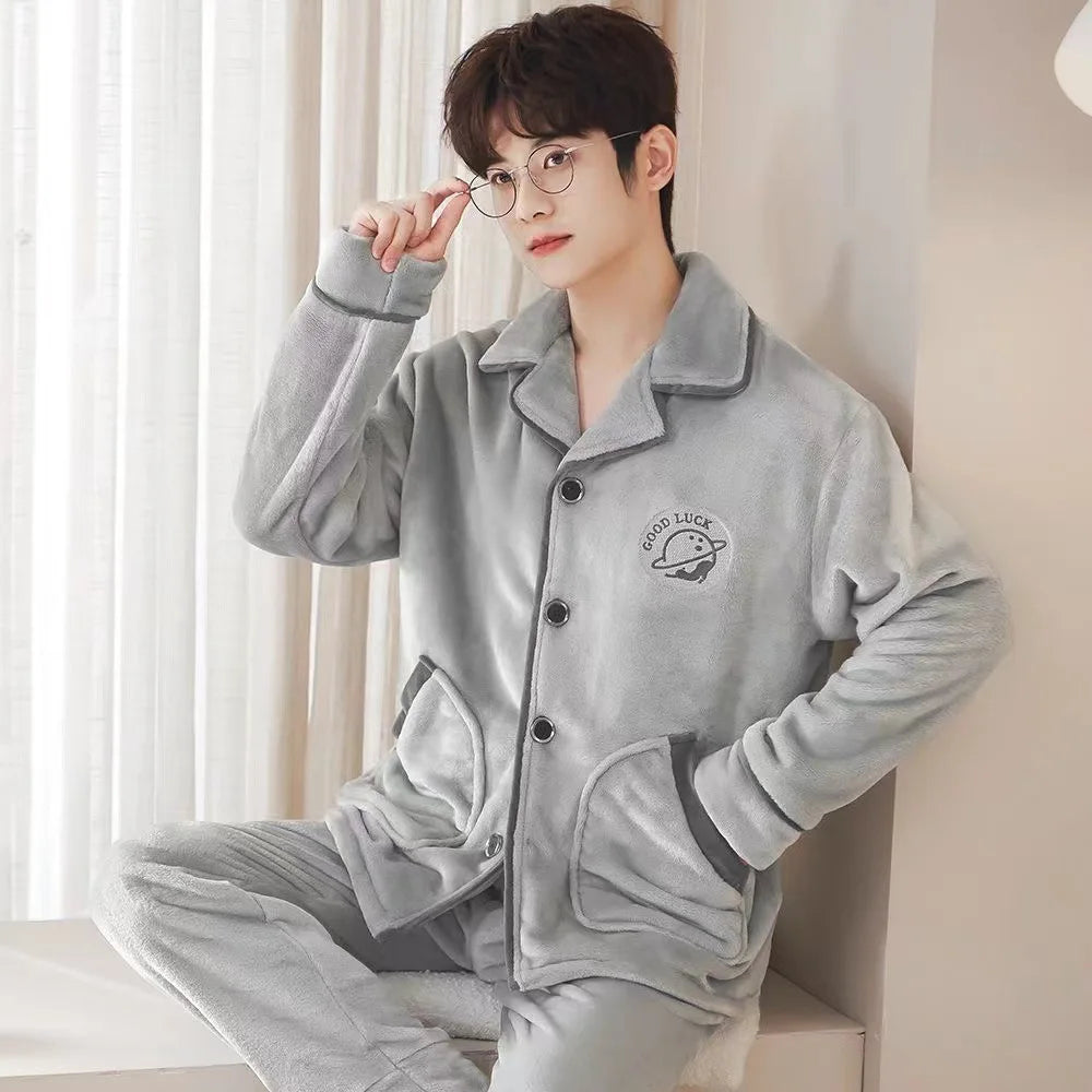 Men's Winter Sleepwear Coral Fleece Thickened Flannel Casual Long Sleeve Pajamas Large Size Home Clothes Chinese Style