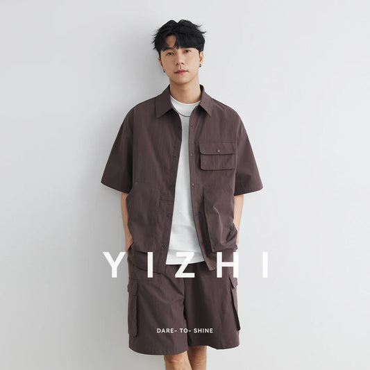 Summer Men Loose Casual Short Sleeve Cargo Shirt Shorts 2 Piece Sets Suits Cityboy Streetwear Fashion Tracksuits Men's Suits
