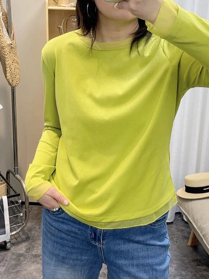Spring New plus Size round Neck Mesh Splice Loose Long Sleeve Base Shirt Women Fat MM Slimming Belly Cover Simple T-shirt