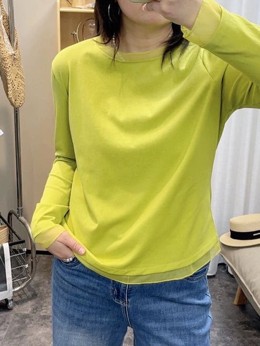 Spring New plus Size round Neck Mesh Splice Loose Long Sleeve Base Shirt Women Fat MM Slimming Belly Cover Simple T-shirt