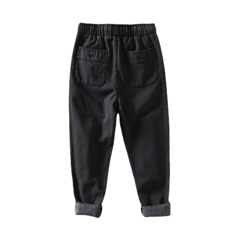 Men's Winter Fleece Lined Warm Casual Pants Loose Cotton Linen Straight Leg Trousers Youth Fashion Long Trousers Cotton 70% L...