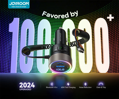 Joyroom 60W Bluetooth 5.4 Car FM Transmitter PD QC 3.0 Cigarette Lighter Adapter Hands-Free Call Fast Charging Car Charger