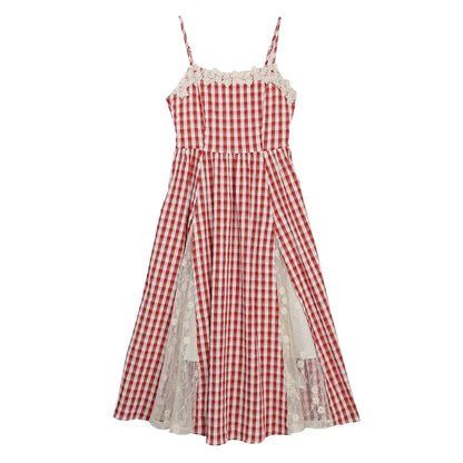 ALXNAN Plaid Lace Panel Sleeveless Dress Long A-line Women's Holiday Party Dresses Fashion Elegant Travel Female Clothing L53525