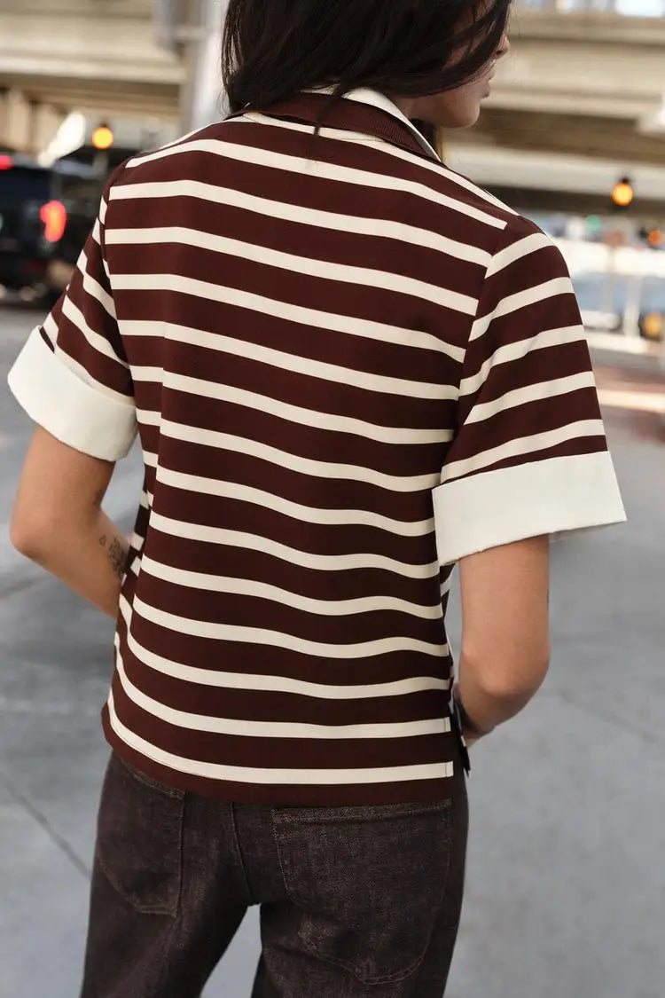 Spring New Women's Short Sleeve  Shirt Neck Splicing Stripe Pattern Casual Loose Fit Polyester Fiber Creative Design
