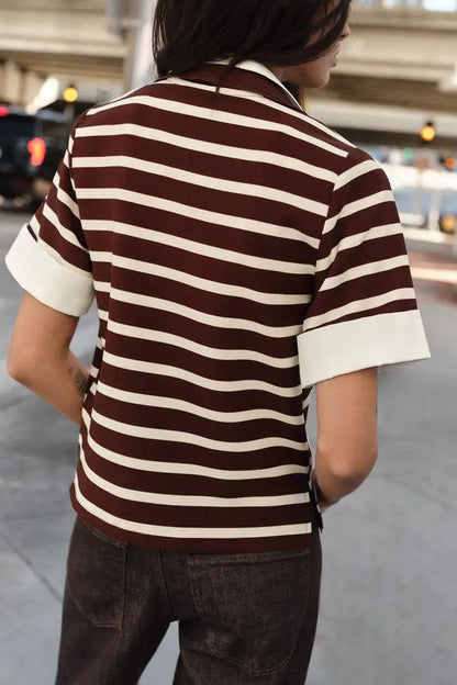 Spring New Women's Short Sleeve  Shirt Neck Splicing Stripe Pattern Casual Loose Fit Polyester Fiber Creative Design