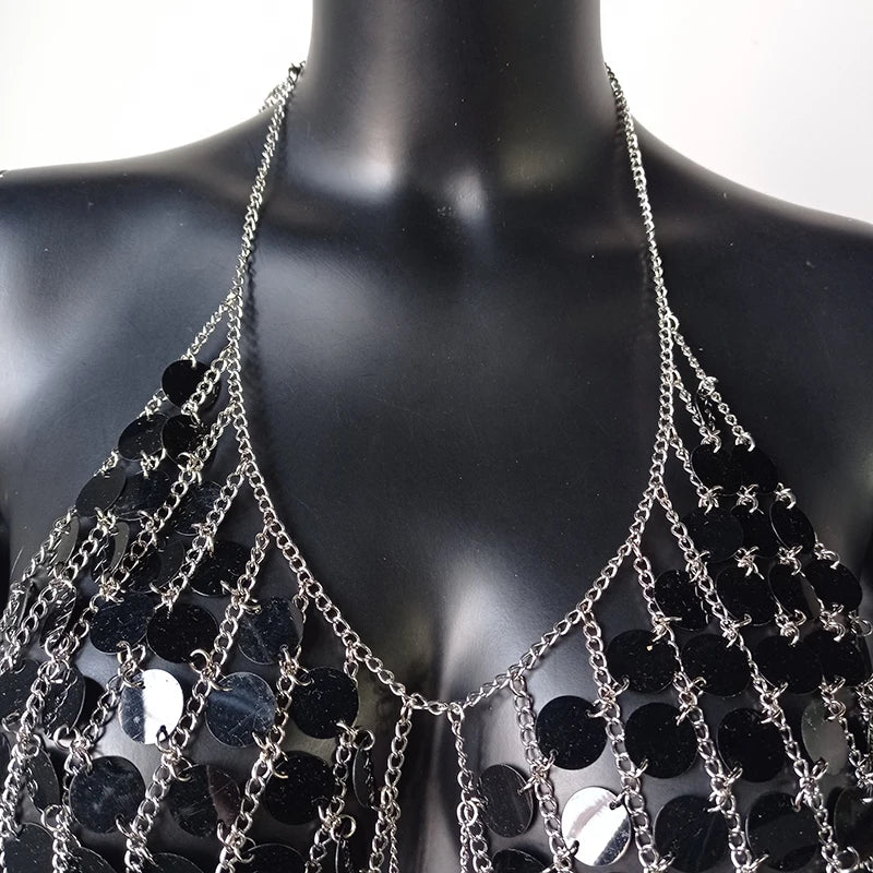 AKYZO Sequined Crop Tops for Women Metal Chain Tassel Nightclub Dance Wear Party Burning Outfits Plastic Tank Top Sexy Festival