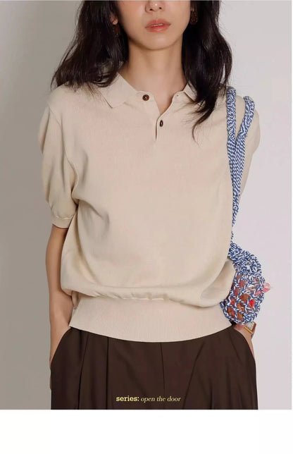 Women's Blue Ice Silk Knitted Polo Shirt Short Sleeve French Lapel Top Thin Summer High-Grade Shoulder T-Shirt