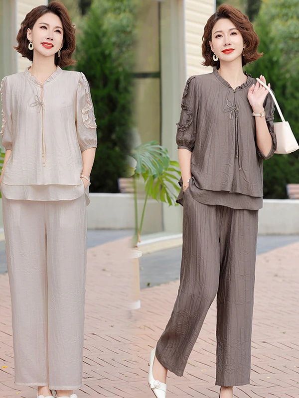 Mother's Day Fashionable Summer Outfit Set Casual Short Sleeve Two-Piece Suit for Middle-Aged Women Polyester Fiber V-Neck