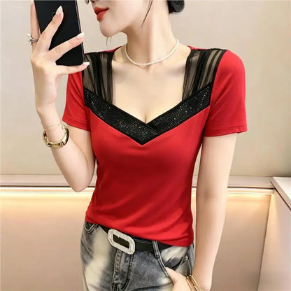 Summer 2026 Women's V-neck T-shirt Mesh Splice Short Sleeve Heavy-duty Rhinestone Slimming Top Korean Style Breathable Cotton