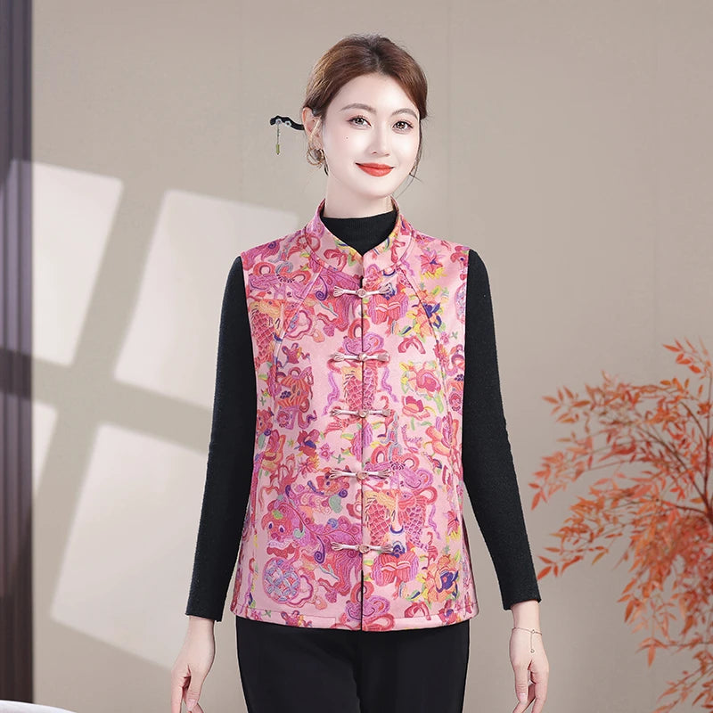 Plus Size Mother's Vest Spring Asian style print Top Elderly Women's Casual Sleeveless Jacket  Waistcoat