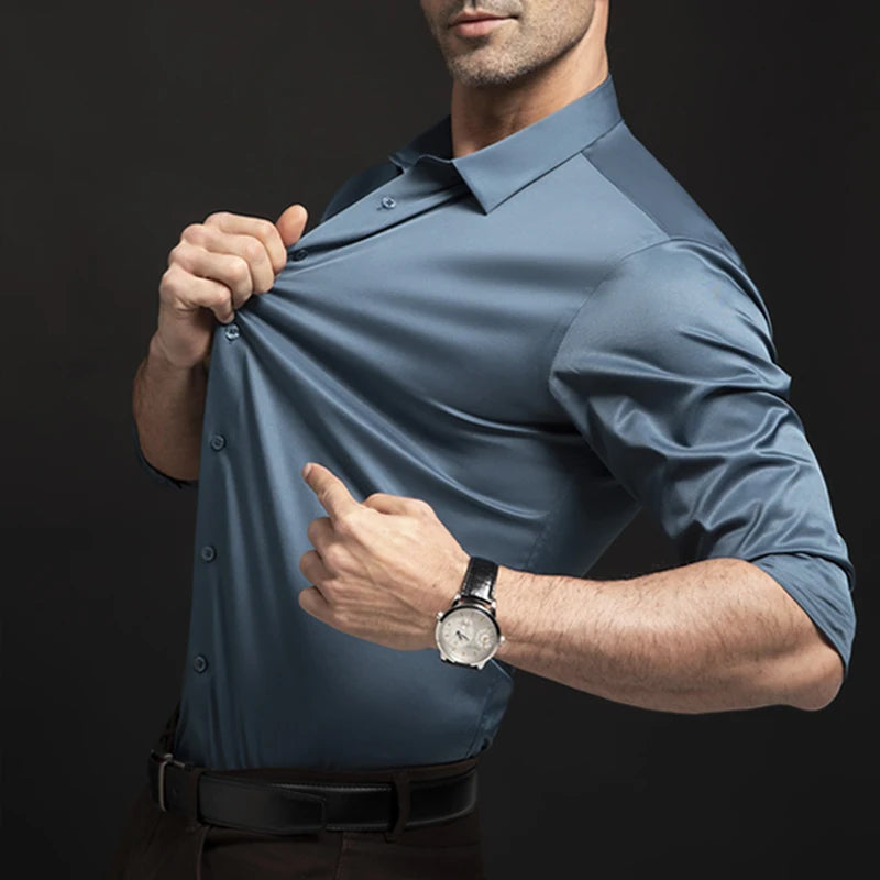 New elastic long sleeved shirt for men's fashion, business, leisure, solid color  non ironing, professional men's white shirt