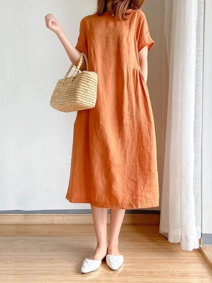 Casual Cotton Linen Dress Artistic Short Sleeve Midi Skirt Women's Fashion Summer round Neck Single Piece A-Line Skirt