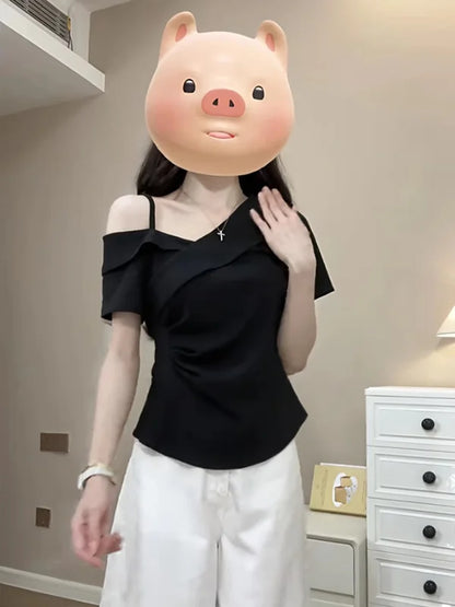 plus Size Slim Fit Short Sleeve Cross Neck Shoulder Bared T-Shirt Casual Style Versatile Summer New Arrival Women's Top