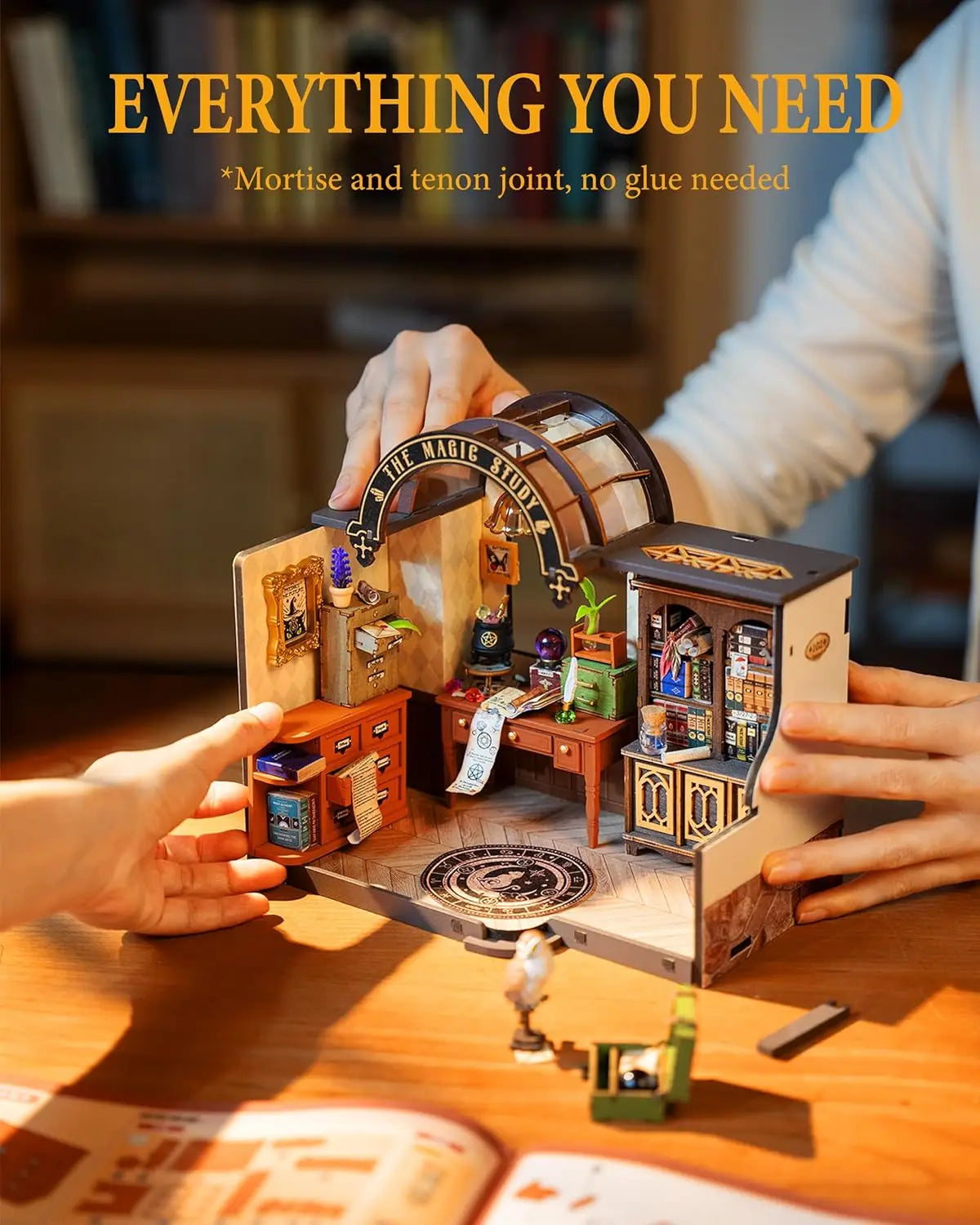 Robotime DIY Miniature House Kit-The Magic Study kit with LED and Furniture Wooden Dollhouse Model Building Kit Gift for Adults
