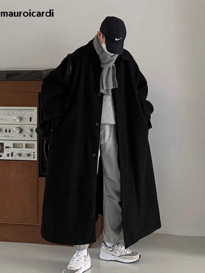 Mauroicardi Autumn Winter Long Warm Grey Black Slouchy Woolen Coat Men Single Breasted Loose Casual Wool Blends Overcoat 2023