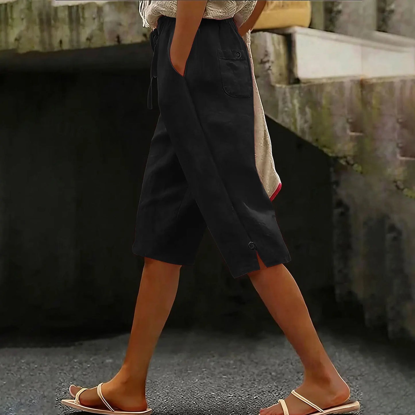 2026 summer new European and American solid color fashionable casual cotton and linen loose women's cropped pants summer Pants