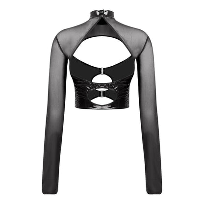 Womens Sheer Mesh Leather Patchwork Crop Top Long Sleeve Hollow Out Slim Fit Glossy Blouse Tops for Halloween Party Raves Dance