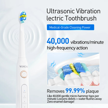 YUNCHI ultrasonic electric toothbrush with 5 operation modes and 40000 high-frequency vibrations.USB charging, waterproof