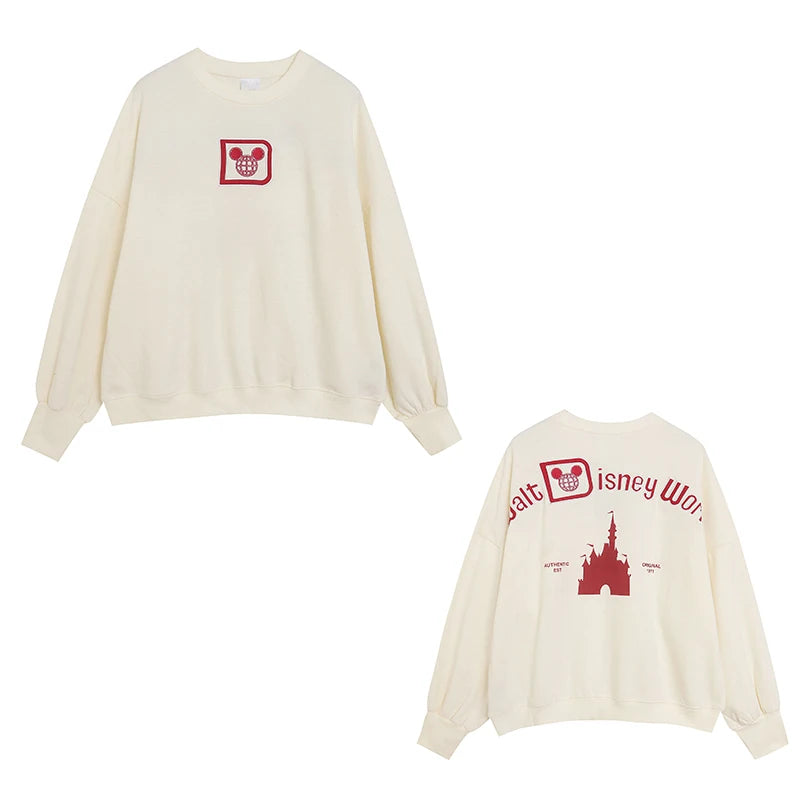 Loose Fit Fleece Lined Hoodie Women's Spring Autumn Youthful Embroidered round Neck Sweatshirt Large Size Letter Stitching Top