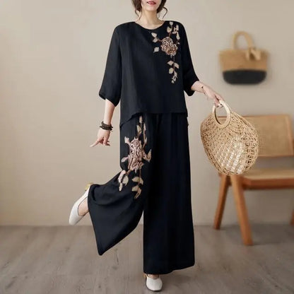 plus Size Women's Retro Cotton Linen Set Wide Leg Pants Slimming Mom Two Piece Suit Spring Fashion Korean Style Commute Wear