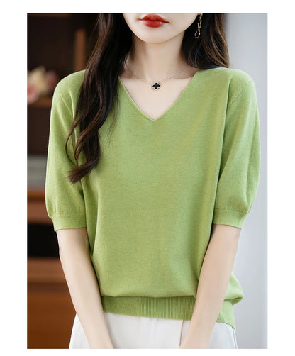 Thin Worsted Wool Short-Sleeved Women's Loose Round Neck T-shirt Printed Summer Fashion Knitted Bottoming Shirt Half-Sleeved