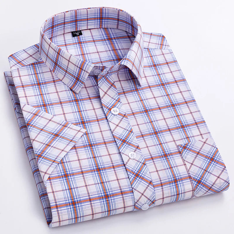 New in Shirt Over Size 100% Cotton Thin Summer Short Sleeve Shirts for Men Slim Fit Plain Shirt Plaid Soft Korean Popular Clothe