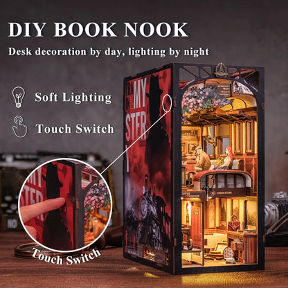 CUTEBEE DIY Book Nook Doll House with LED Light Dust Cover Bookshelf Insert Decoration Model For Birthday Gift Eternal Bookstore