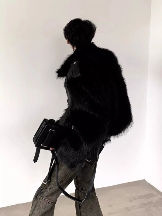 Mauroicardi Winter Short Cool Black Thickened Warm Pu Leather Patchwork Faux Fur Moto & Biker Coat Men Zipper Fluffy Jacket 2023