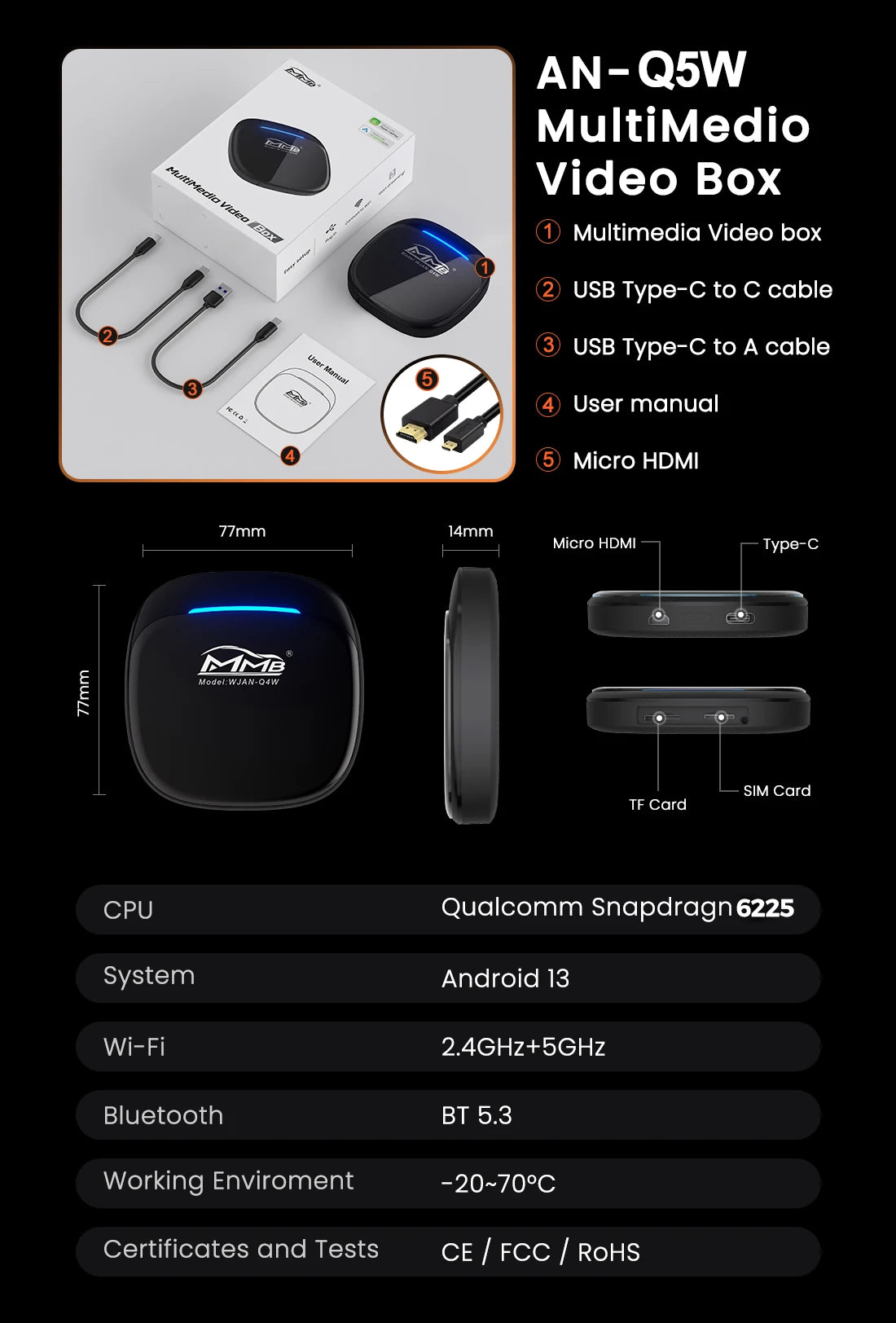 3 in 1 Android15 Wireless Car Carplay Wireless Android Auto MMB MAX Smart Box QCM6350 8-Core GPS WiFi 4G SIM AI Box For Youtube