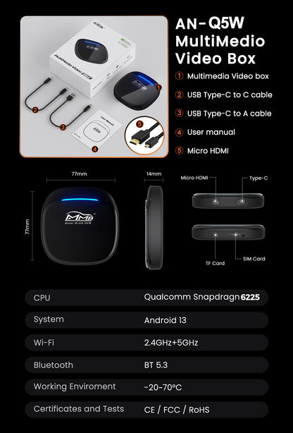 3 in 1 Android15 Wireless Car Carplay Wireless Android Auto MMB MAX Smart Box QCM6350 8-Core GPS WiFi 4G SIM AI Box For Youtube