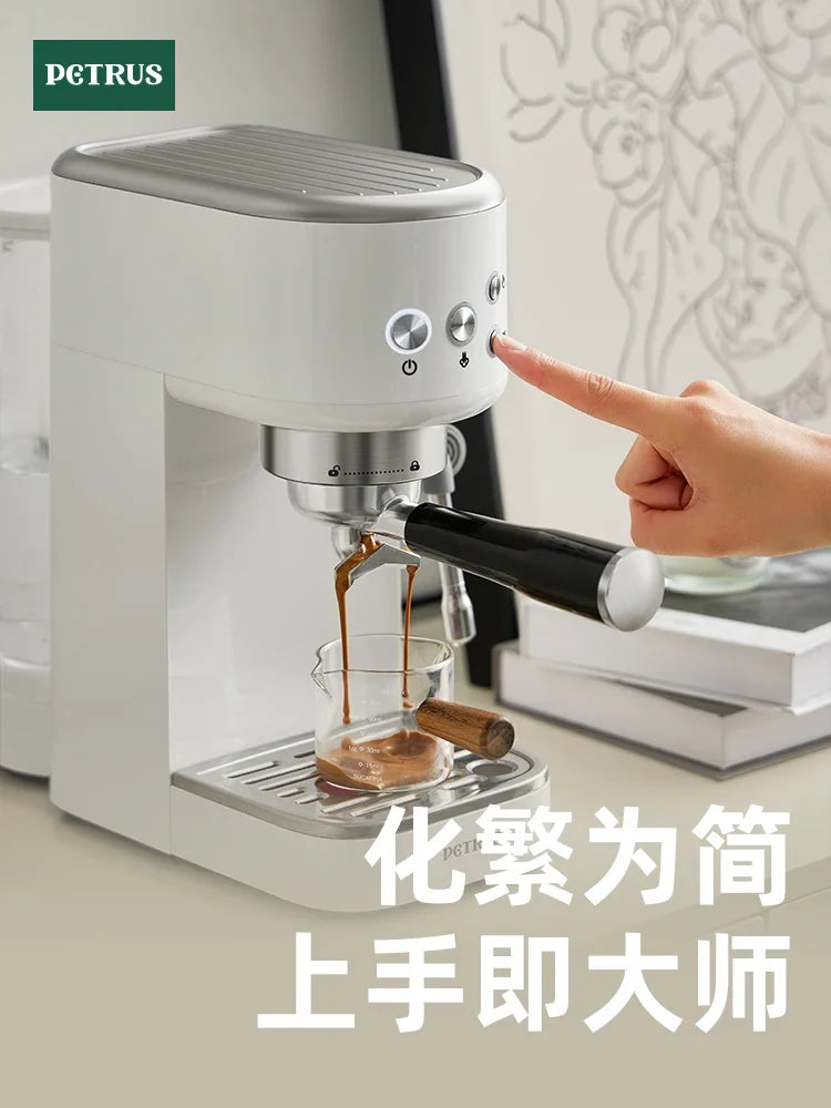 220V Petrus Coffee Machine Compact Espresso Maker with Milk Frother for Home Use DB