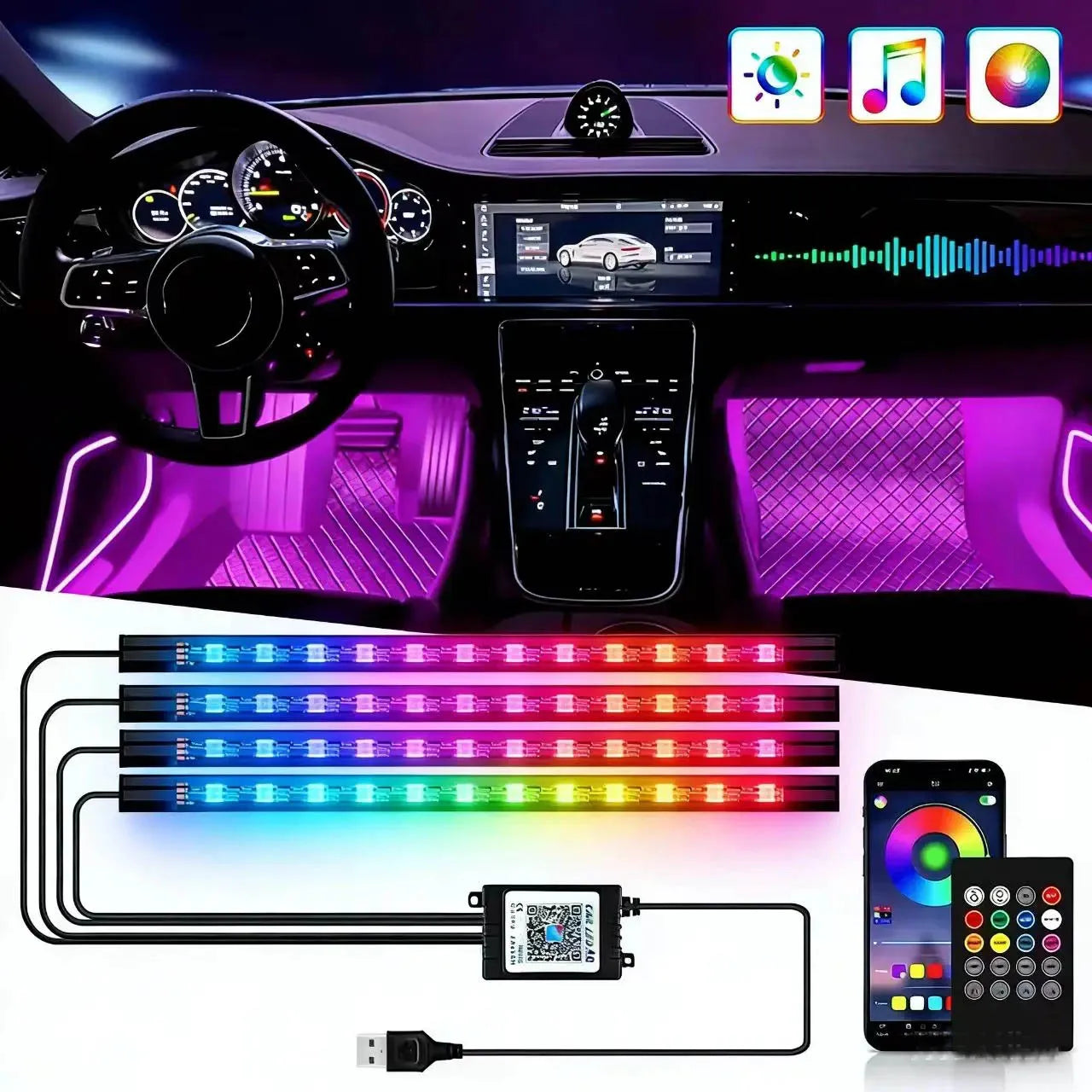 Neon Led Car Lights Strip Ambient Light Auto Wireless Remote Music APP Control RGB Atmosphere Decorative Lamp Auto Accessories