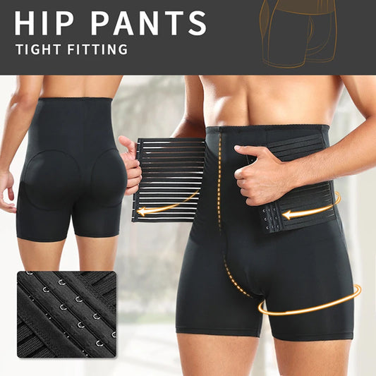 Men Compression Shorts Hi-Waist Tummy Control Boxer Waist Trainer Padded Panty Shapewear Sexy Ass Underwear with Pouch for Balls