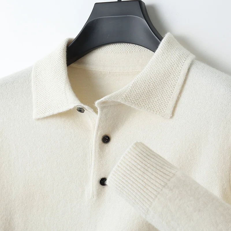 LHZSYY 100%Merino Wool Hot Cardigans Men Lapel Pullover Long Sleeve POLO Neck Sweaters Loose Tops Knit Clothing Large Size Shirt