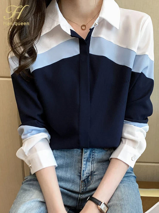 H Han Queen New Autumn Women Vintage Color Contrast Ladies Tops Chiffon Long Sleeve Casual Blouse Female Work Office Shirts