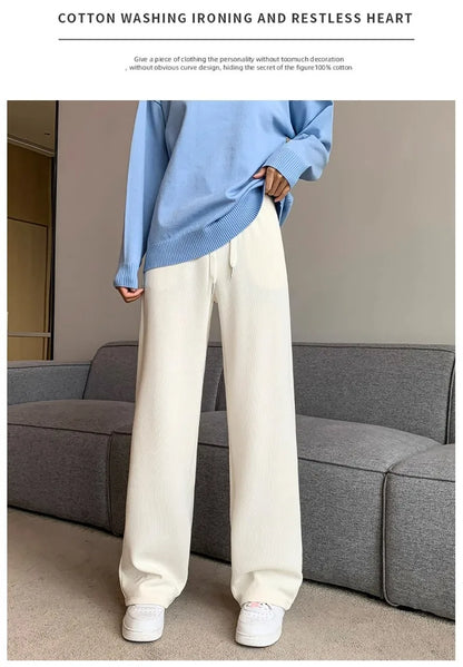 plus Size Women's Casual High Waist Thin Wide Leg Pants Spring Autumn Straight Cut Long Trousers Comfortable Slimming Effect