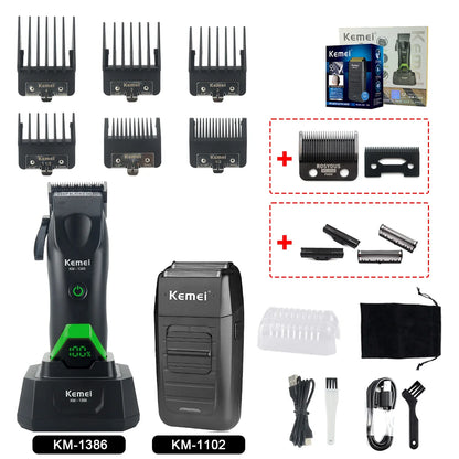 Kemei 1386 Men's Hair Clipper 8000RPM DLC Blade with Base Charger LED Display 2000mAh Professional Hair Cutting Machine Trimmer