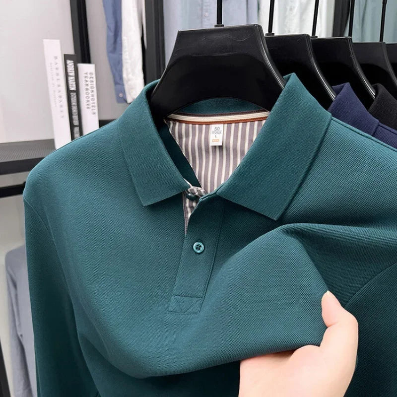 Men's casual long sleeved polo shirt autumn new loose solid color classic versatile lapel T-shirt