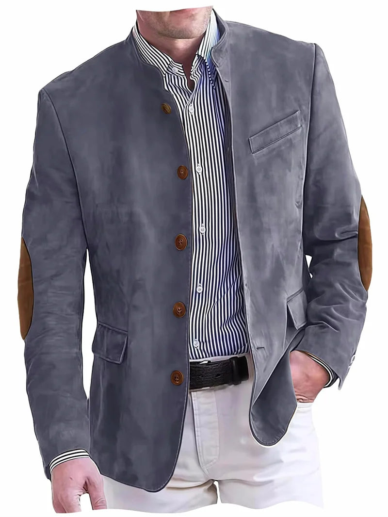 Men's Casual Blazer Flannel Suit Jacket With Elbow Patches Band Collar Brown Button Daily  Casual Slim Fit Customized Business