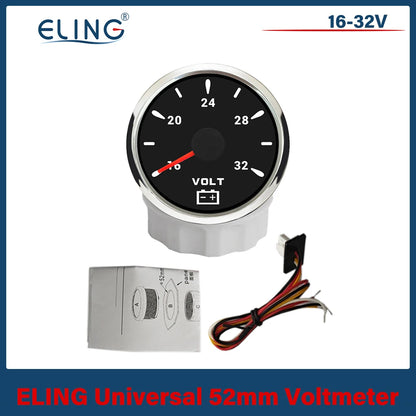 ELING 52mm (2'') Voltmeter Volt Gauge 8-16V 16-32V with 7 Colors Backlight for Boat Automobile Motorcycle Yacht 12V 24V