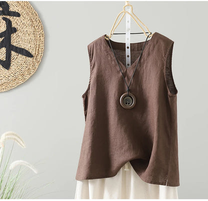 Slimming Pure Color Cotton Linen Lightweight Sleeveless round Neck Inner Wear Large Size Women's Fashionable Versatile Top